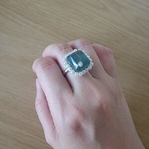 Handmade Silver and Blue Ring with Pearl Accents
